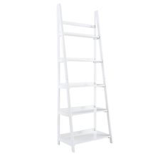 a white ladder shelf with three shelves on each side