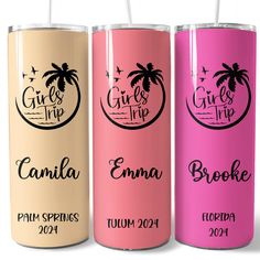 three different colored tumbles with the names girls trip, girl trip and ema