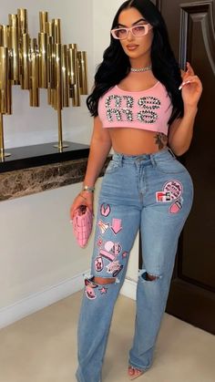 Barbie jeans (Blue/pink) - Chic by Taj Barbie Jeans, Hot Jeans, Stretch Jeans, Outfit Ideas, Hair Styles, Pink, How To Wear, Blue, Quick Saves