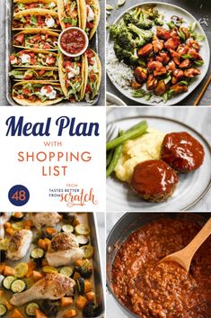 the meal plan with shopping list is shown in four different pictures, including broccoli and