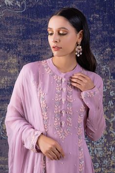 Lilac full sleeves anarkali with plumeria embroidery using cut dana, pearl, sequins highlights. Paired with a dupatta. - Aza Fashions Plumeria Embroidery, Anarkali With Dupatta, Purple Embroidery, Embroidered Anarkali, Pearl Embroidery, Full Sleeves, Mandarin Collar, Anarkali, Aza Fashion