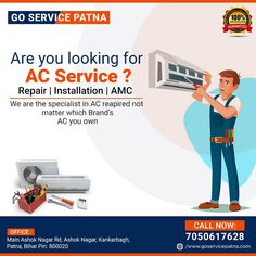 an advertisement for ac service with a man holding the air conditioner in his hand