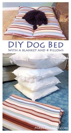 diy dog bed with a blanket and 4 pillows made from an old pillow case