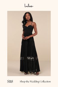 The compliments will never end once you make your entrance in the Lulus Stunning RSVP Black Pleated Lace Sleeveless Bustier Maxi Dress! Airy woven chiffon shapes this memorable dress that falls from adjustable spaghetti straps into a sweetheart neckline and a bustier-style bodice with supportive boning. High, fitted waist tops an accordion-pleated, A-line skirt that boasts ruffled, sheer lace panels as it falls to an elegant maxi hem. Hidden back zipper/clasp. Fit: This garment fits true to size. Length: Floor length. Bust: Great for any cup size. Waist: Fitted - very fitted at natural waist. Hip: Not Fitted - fuller skirt allows room for hips. Undergarments: Padded cups - May be worn with an adhesive bra, petals, or no bra. Fabric: Fabric has no stretch. Lined to the knee. Shell: 100% Pol Black Spaghetti Strap Dress With Pleated Bodice, Black Dress With Pleated Bodice And Spaghetti Straps, Sleeveless Corset Dress With Pleated Bodice For Date Night, Black Sleeveless Maxi Dress With Corset Back, Black Maxi Dress With Pleated Bodice For Spring, Black Summer Maxi Dress With Corset Back, Black Maxi Dress With Sweetheart Neckline And Lined Bodice, Black Lined Bodice Corset Dress For Summer, Black Summer Corset Dress With Lined Bodice