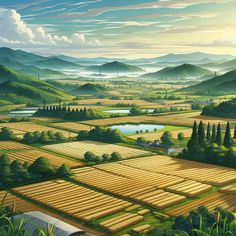 a painting of a farm land with mountains in the background