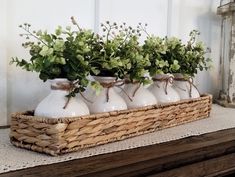 four white vases with green plants in them on a shelf next to a window