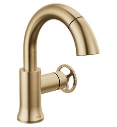 a faucet with the handle extended to it's side spout, in gold