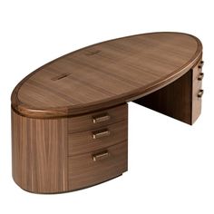 an oval shaped desk with two drawers on one side and three smaller drawers on the other