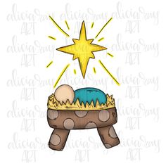 a baby jesus in a manger with a star above it