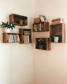 several wooden boxes with books on them are hanging on the wall next to a potted plant