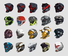 a bunch of helmets that are all in different shapes and sizes on a gray background