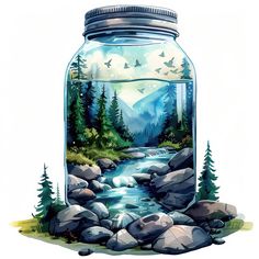 a jar filled with water surrounded by rocks and trees