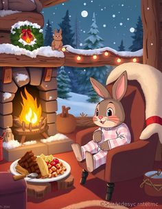 a rabbit sitting in a chair next to a fire place with food on the table