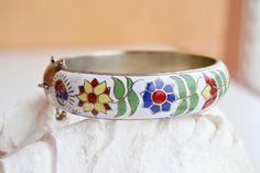 vintage enamel bracelet thailand Bohemian Silver Bracelets With Meenakari, Traditional White Metal Bracelet, Hand Painted Bohemian Bangle Jewelry, Traditional Silver Enamel Bangle, Bohemian Hand-painted Bangle Jewelry, Bohemian Hand Painted Bangle Jewelry, White Enamel Bangle Jewelry, Traditional Handmade Enamel Bangle, Vintage Handmade White Cuff Bracelet