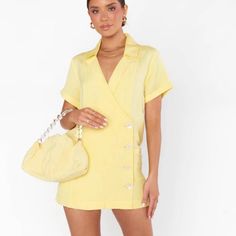 Yellow Button Up Romper Blazer Romper, Kenzie Dress, White Platform Sneakers, White Platform, Butter Yellow, Show Me Your Mumu, Show Me Your, Platform Sneakers, Dainty Jewelry