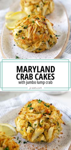 crab cakes with jumbo lumps and lemon on a white plate, ready to be eaten