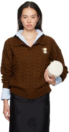 Cable-knit nylon- and wool-blend polo. · Rib-knit spread collar, hem, and cuffs · Open placket · Sequinned floral appliqué at front · Dropped shoulders Supplier color: Brown Sweater Runway, Shushu Tong, Open Stitch Sweater, Polo Sweater, Round Neck Sweaters, Floral Applique, Brown Sweater, Lapel Collar, Knitwear Women