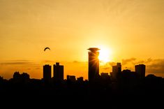 the sun is setting over a city with birds flying in front of it and some buildings