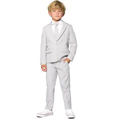 When he looks good, he feels good, and that's exactly what will happen when your little dude wears this timeless suit. This OppoSuits grey ensemble is both stylish and comfortable, so he'll have the perfect outfit option for any special occasion. When he looks good, he feels good, and that's exactly what will happen when your little dude wears this timeless suit. This OppoSuits grey ensemble is both stylish and comfortable, so he'll have the perfect outfit option for any special occasion. 3-piec Outfit Graduacion, Boys First Communion, Grey Two Piece, Wedding Party Outfits, Party Kleidung, Slim Fit Suits, Classic Jacket, Gray Suit