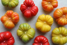 there are many different types of tomatoes on the table