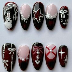 Yor Forger Inspired Nails, Retro Nails, Pretty Gel Nails, Really Cute Nails, Bling Acrylic Nails