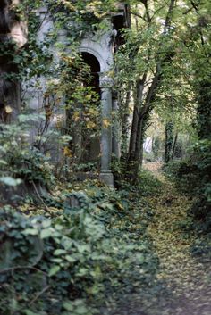 an old building surrounded by trees and leaves on the side of a dirt road in front of it