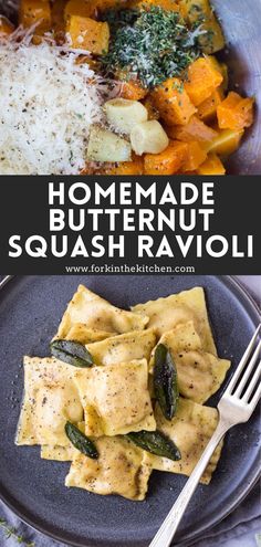 homemade butternut squash ravioli with sage and parmesan cheese on the side