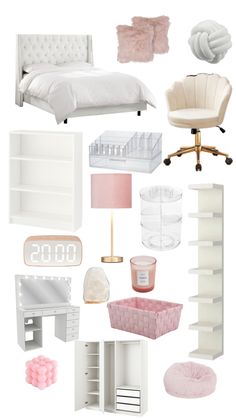 a collage of white furniture and accessories including a bed, desk, chair, lamp, bookshelf