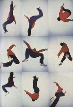 multiple images of a man doing different moves in the air with his arms and legs spread out