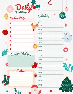 a christmas planner is shown with ornaments and decorations on the page, which reads daily planner to do list i'm grateful for