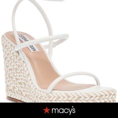 in stock Chic Straw Wedge Sandals With Ankle Strap, White Straw Wedge Sandals For Beach, White Straw Sandals For Vacation, White Straw Wedge Sandals With Woven Sole, White Straw Wedge Sandals With Open Toe, Chic White Wedge Sandals For Beach Season, White Straw Sandals For Beach Season, White Straw Summer Heels, Trendy Straw Wedge Heels