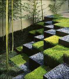 an artistic garden with grass and rocks in the shape of cubes, surrounded by bamboo trees