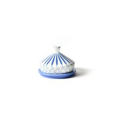 a small blue and white dish on a white background