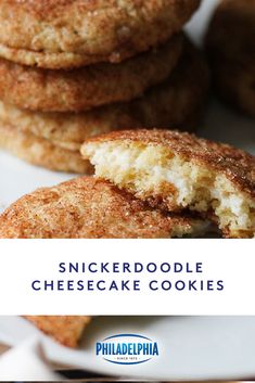 a close up of a plate of cookies with the words, snickkerdoodlele cheesecake cookies