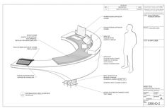 an architectural drawing shows the interior and exterior of a curved seating area, with two people standing in front of it