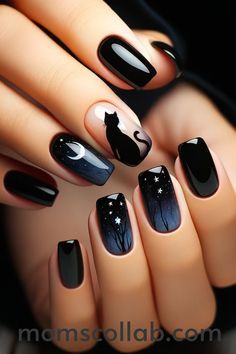 Black Summer Nails Designs, Black Cat Nail Art Designs, Black Cat On Nails, Cute Halloween Nails Black Cat, Acrylic Nail Cat Designs, Cat On Nails Nailart, Ootd Instagram, Nail Art Simple, Halloween Press On Nails