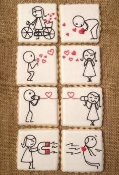 four decorated cookies with pictures of people and hearts in the shape of heart shapes on them