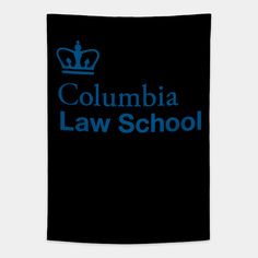 the columbia law school logo is shown on a black background with blue letters and a crown