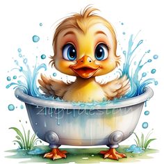 a cartoon duck in a bathtub with water splashing around it's head