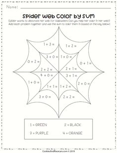 the spider web color by sum worksheet for students to practice addition and subtraction