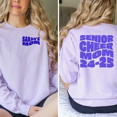 Cheer Mom Sweatshirt - Senior Year! Show your pride for your senior cheerleader with this totally customizable sweatshirt! Front: Retro groovy wavy font featuring your daughter's name.  Back: Groovy retro vibes with the words "Senior Cheer Mom" in wavy text. Want to commemorate the year? We can add a custom graduation year below the text! Details: Soft and cozy unisex sweatshirt - perfect for those chilly competitions! Choose from a variety of sweatshirt colors to create a look that's uniquely y School Spirit Crew Neck Sweatshirt For College Events, School Spirit Sweatshirt For College Events, School Spirit Long Sleeve Sweatshirt For College Events, Long Sleeve School Spirit Sweatshirt For College Events, Long Sleeve School Spirit Sweatshirt, Team Spirit Long Sleeve Sweatshirt With Custom Print, School Spirit Letter Print Sweatshirt For Cheerleading, Cheerleading Long Sleeve Graphic Print Sweatshirt, Collegiate Long Sleeve Customizable Tops