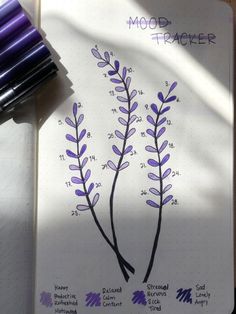 a notebook with some purple flowers on it next to a pen and ink rollers