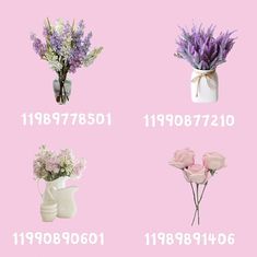 four different vases with flowers in them on a pink background and numbers written below