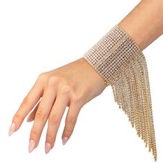 Gold 20 Line Fringe Cuff Party Gold Jewelry With Beaded Fringe, Adjustable Gold Jewelry With Beaded Fringe, Glamorous Gold Rhinestone Fringe Jewelry, Luxury Gold Fringe Jewelry, Gold Fringe Metal Necklace, Bold Red Lips, Studded Boots, Wrist Cuffs, Statement Necklaces