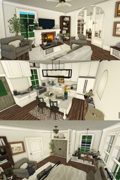 two views of a living room and dining area