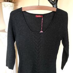 Beautiful Krimson Klover Knit Sweater Dress, Charcoal Gray, Ribbed With Cable Detail Down The Front Size Small, Tight Fit, 36" From Shoulder 3/4 Sleeve 100% Wool New With Tags, Pristine No Smoking Home Fitted Pointelle Knit Sweater Dress For Fall, Fall Knit Sweater With Scoop Neck, Fitted Winter Sweater With 3/4 Sleeves, Fitted Sweater With 3/4 Sleeves For Winter, Wool Sweater Dress, Knit Sweater Dress, Wool Sweater, Charcoal Gray, Wool Sweaters