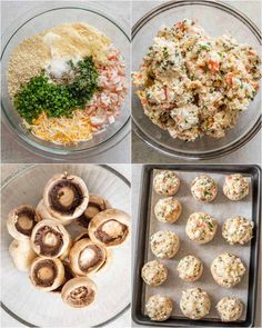 four pictures showing different types of food in bowls, including mushrooms, cheese and meatballs