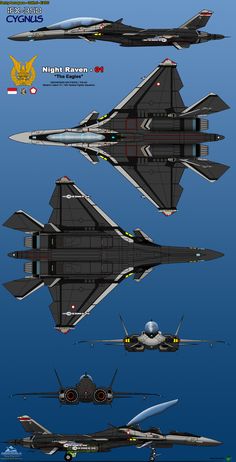 four fighter jets are shown in three different positions, one is black and the other is white