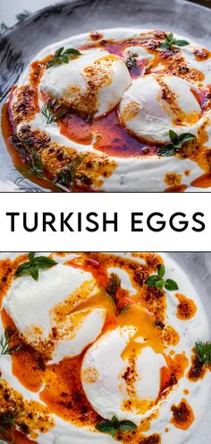 two plates filled with different types of food on top of each other and the words turkish eggs above them