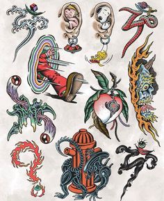 an assortment of tattoo designs on paper